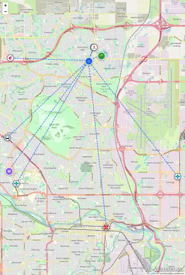 Daily accessibility map for 17 PANORAMA HILLS CM NW, Calgary showing nearby schools, grocery stores, parks, LRT stations and nearby amenities