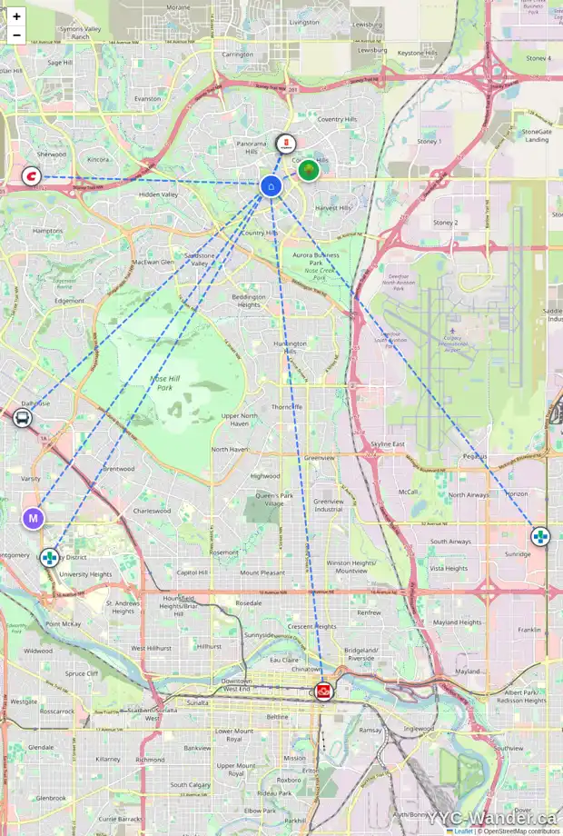 Daily accessibility map for 21 PANORAMA HILLS CM NW, Calgary showing nearby schools, grocery stores, parks, LRT stations and nearby amenities