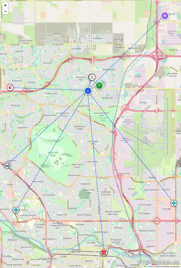 Daily accessibility map for 37 PANORAMA HILLS CM NW, Calgary showing nearby schools, grocery stores, parks, LRT stations and nearby amenities