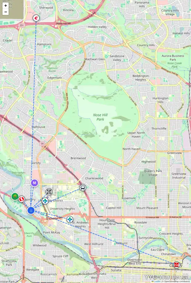 Daily accessibility map for 4525 17 AV NW, Calgary showing nearby schools, grocery stores, parks, LRT stations and nearby amenities