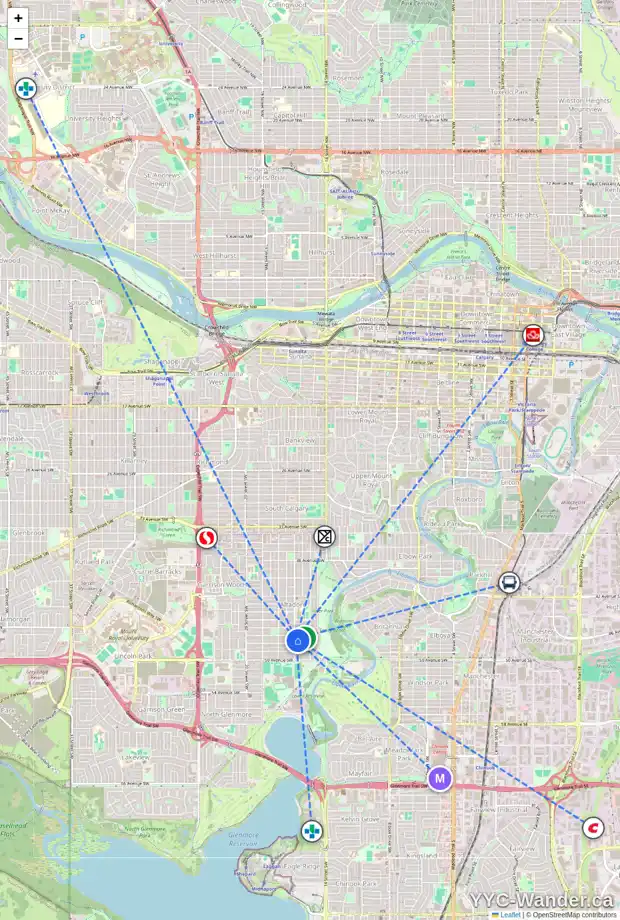 Daily accessibility map for 4808 16 ST SW, Calgary showing nearby schools, grocery stores, parks, LRT stations and nearby amenities