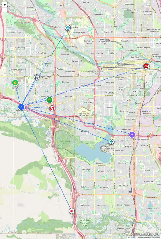 Daily accessibility map for 26 DISCOVERY WOODS VI SW, Calgary showing nearby schools, grocery stores, parks, LRT stations and nearby amenities