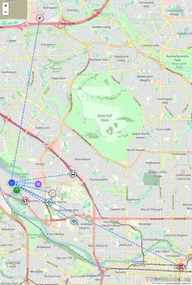 Daily accessibility map for 6140 BOWWOOD DR NW, Calgary showing nearby schools, grocery stores, parks, LRT stations and nearby amenities