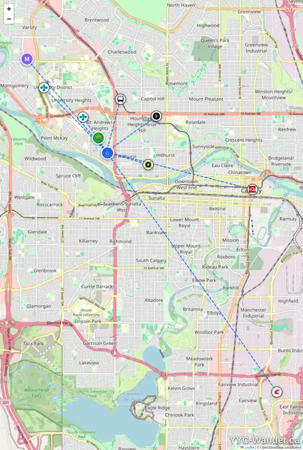 Daily accessibility map for 2622 4 AV NW, Calgary showing nearby schools, grocery stores, parks, LRT stations and nearby amenities