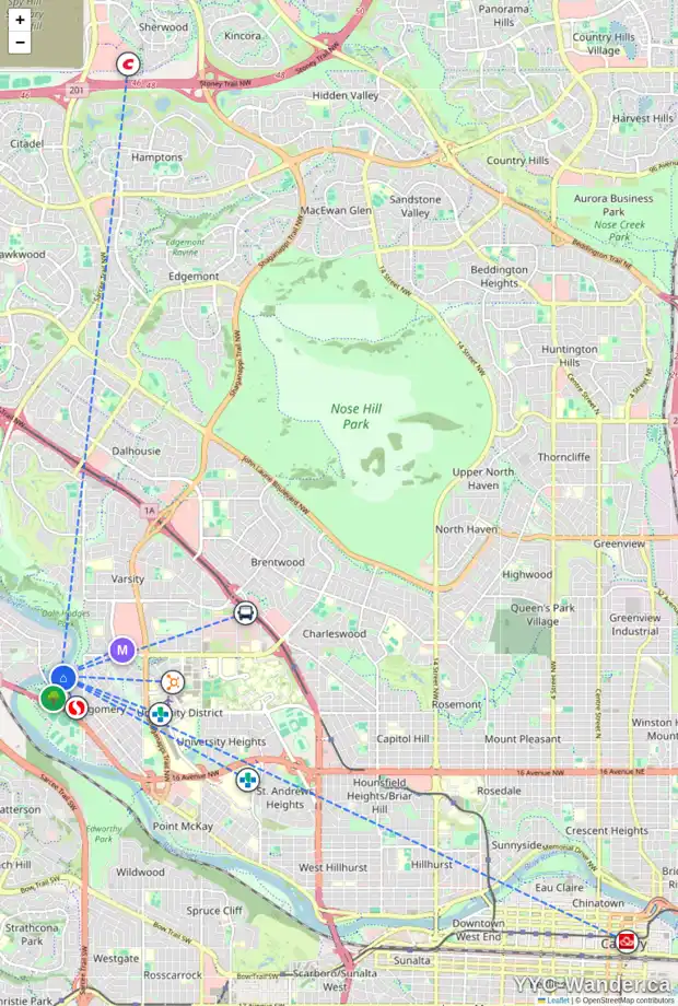 Daily accessibility map for 1903 52 ST NW, Calgary showing nearby schools, grocery stores, parks, LRT stations and nearby amenities