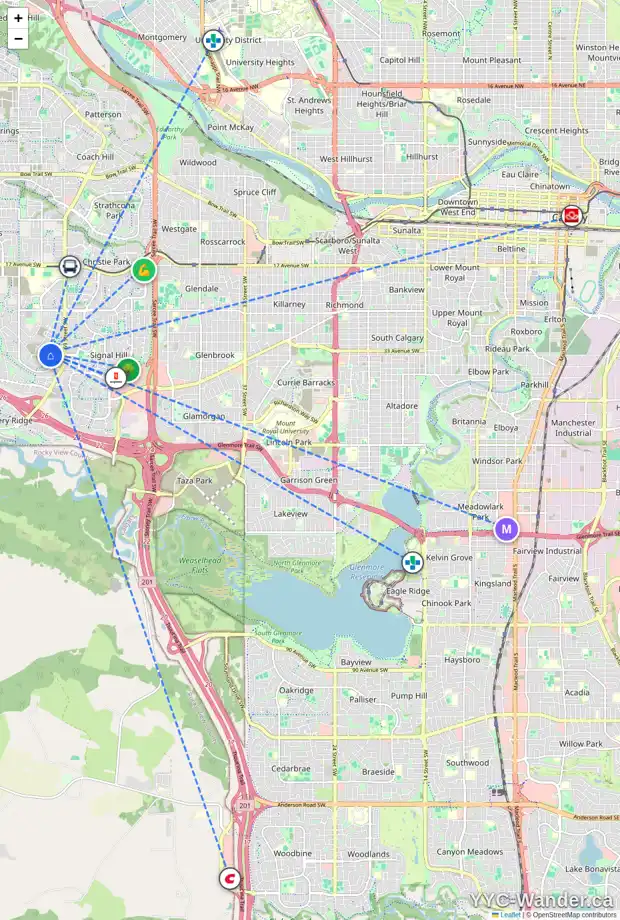 Daily accessibility map for 7310 ELKTON DR SW, Calgary showing nearby schools, grocery stores, parks, LRT stations and nearby amenities