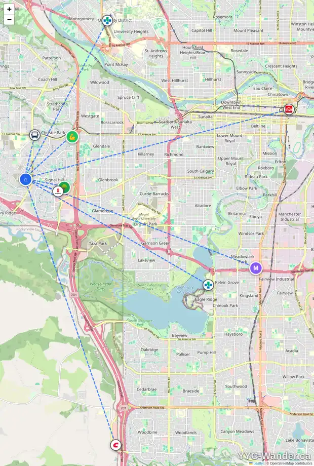 Daily accessibility map for 27 ELKTON PL SW, Calgary showing nearby schools, grocery stores, parks, LRT stations and nearby amenities