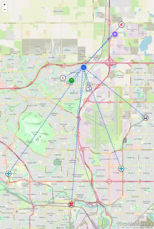 Daily accessibility map for 225 COVILLE CR NE, Calgary showing nearby schools, grocery stores, parks, LRT stations and nearby amenities