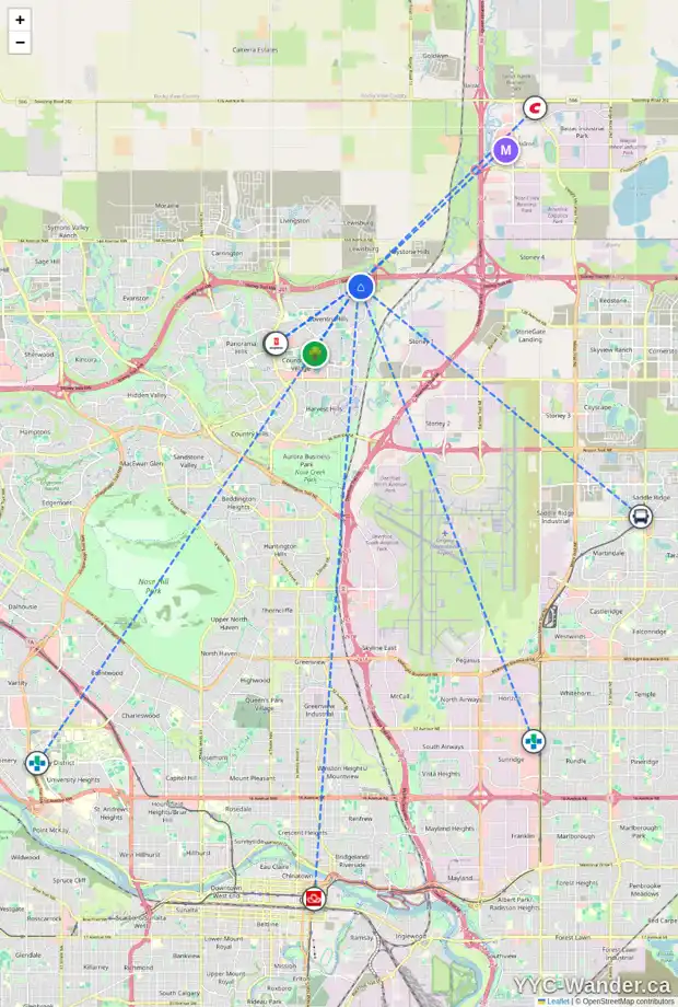 Daily accessibility map for 222 COVILLE CI NE, Calgary showing nearby schools, grocery stores, parks, LRT stations and nearby amenities