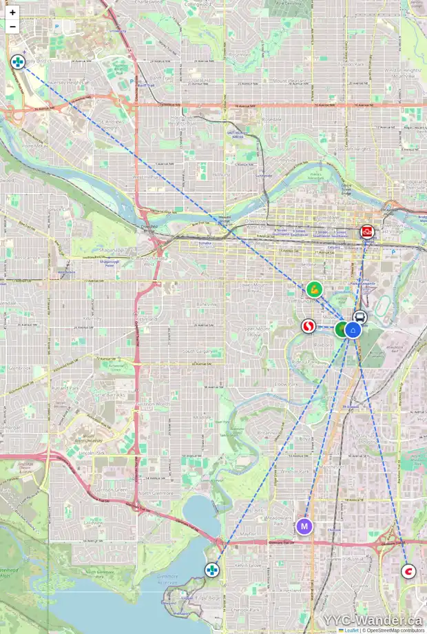 Daily accessibility map for 32 27 AV SW, Calgary showing nearby schools, grocery stores, parks, LRT stations and nearby amenities