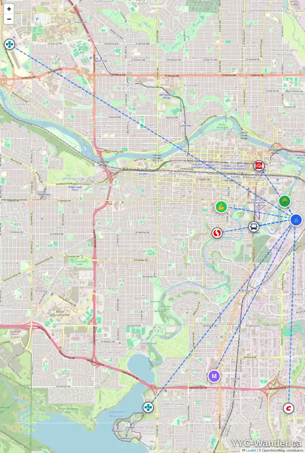Daily accessibility map for 809 22 AV SE, Calgary showing nearby schools, grocery stores, parks, LRT stations and nearby amenities