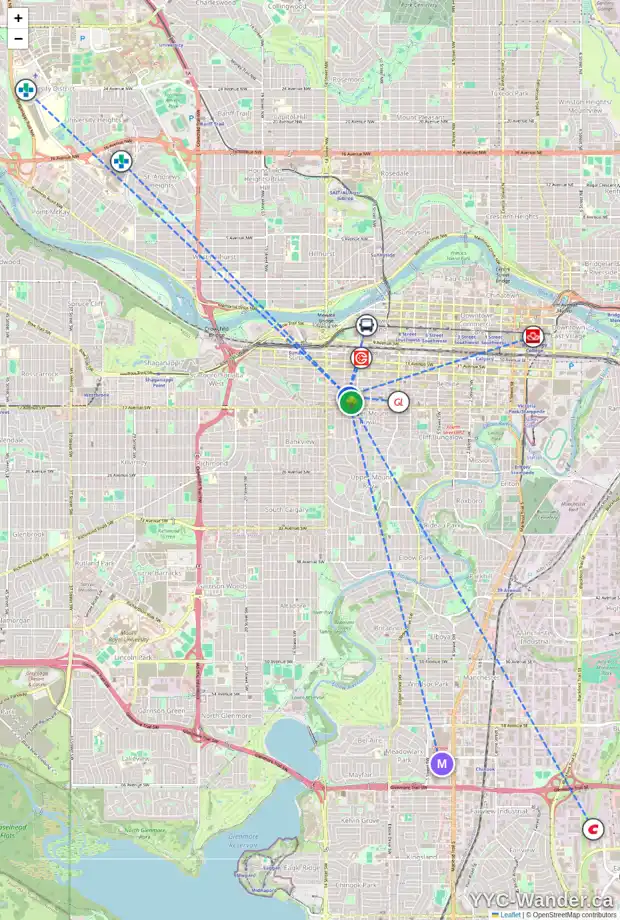 Daily accessibility map for 202 1231 15 AV SW, Calgary showing nearby schools, grocery stores, parks, LRT stations and nearby amenities