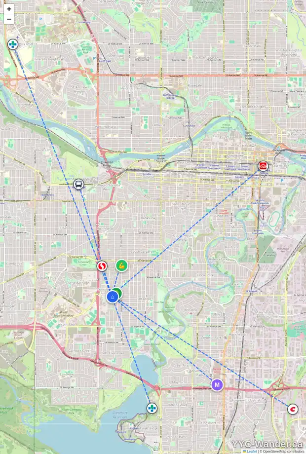 Daily accessibility map for 4255 PASSCHENDAELE RD SW, Calgary showing nearby schools, grocery stores, parks, LRT stations and nearby amenities