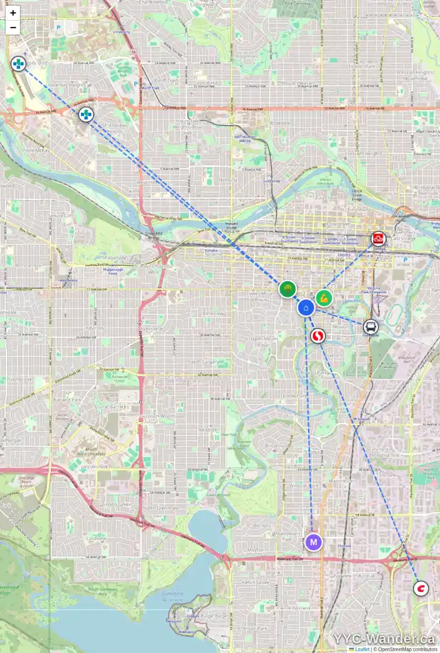 Daily accessibility map for 1929 5A ST SW, Calgary showing nearby schools, grocery stores, parks, LRT stations and nearby amenities