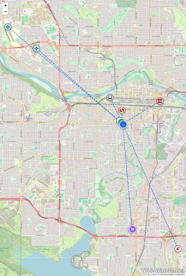 Daily accessibility map for 502 804 18 AV SW, Calgary showing nearby schools, grocery stores, parks, LRT stations and nearby amenities