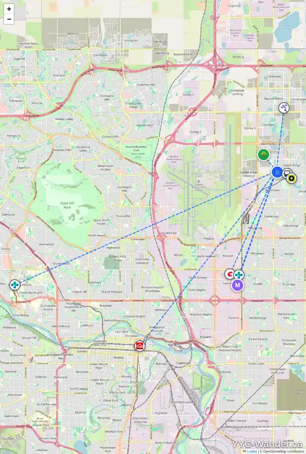 Daily accessibility map for 566 SADDLECREEK WY NE, Calgary showing nearby schools, grocery stores, parks, LRT stations and nearby amenities