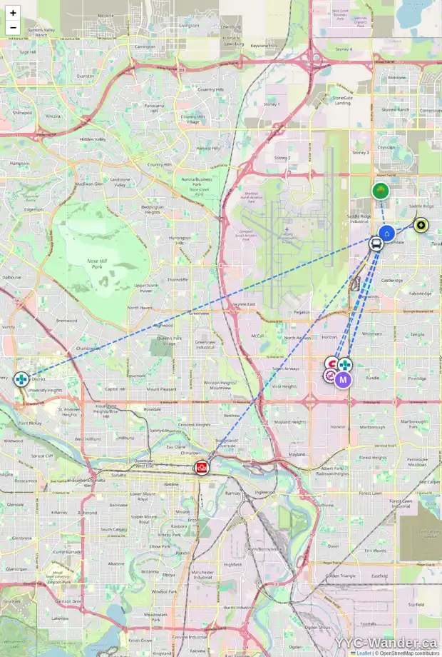 Daily accessibility map for 62 MARTHA'S CL NE, Calgary showing nearby schools, grocery stores, parks, LRT stations and nearby amenities