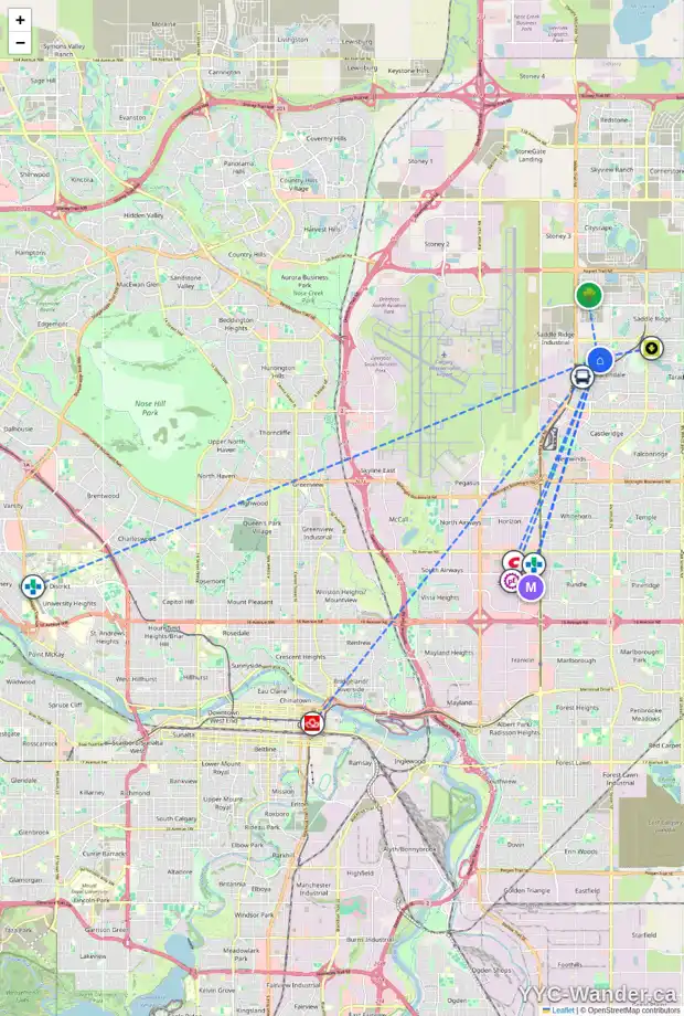 Daily accessibility map for 76 MARTHA'S CL NE, Calgary showing nearby schools, grocery stores, parks, LRT stations and nearby amenities