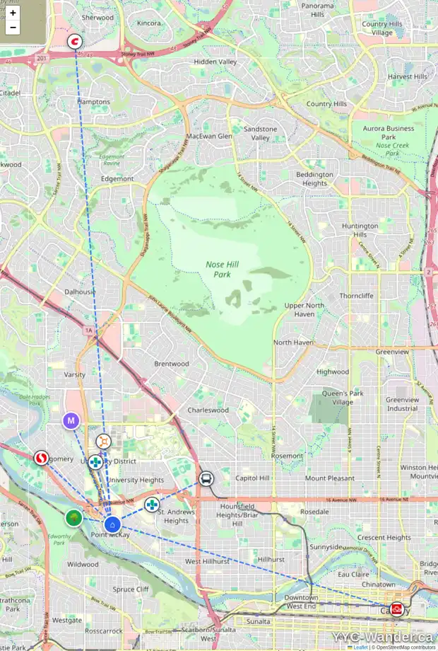 Daily accessibility map for 1945 VETERAN'S WY NW, Calgary showing nearby schools, grocery stores, parks, LRT stations and nearby amenities