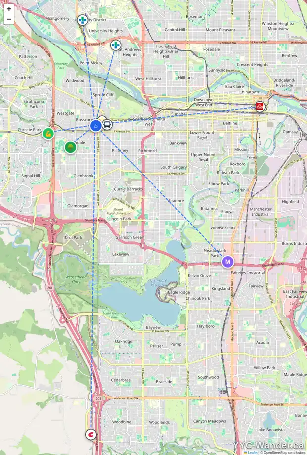 Daily accessibility map for 1439 38 ST SW, Calgary showing nearby schools, grocery stores, parks, LRT stations and nearby amenities