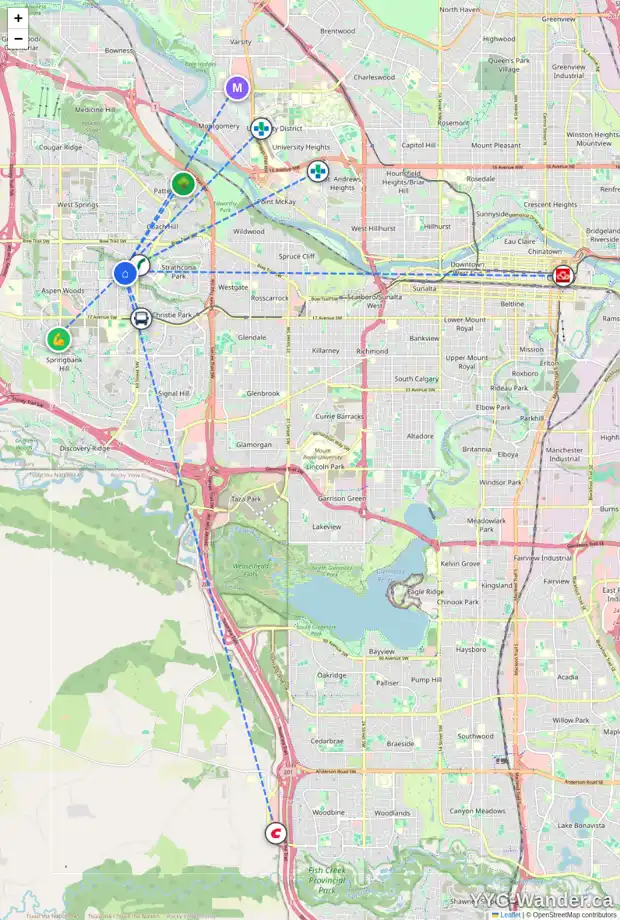 Daily accessibility map for 47 ASPEN RIDGE LN SW, Calgary showing nearby schools, grocery stores, parks, LRT stations and nearby amenities