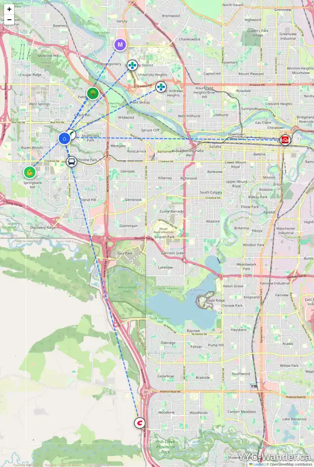 Daily accessibility map for 39 ASPEN RIDGE LN SW, Calgary showing nearby schools, grocery stores, parks, LRT stations and nearby amenities