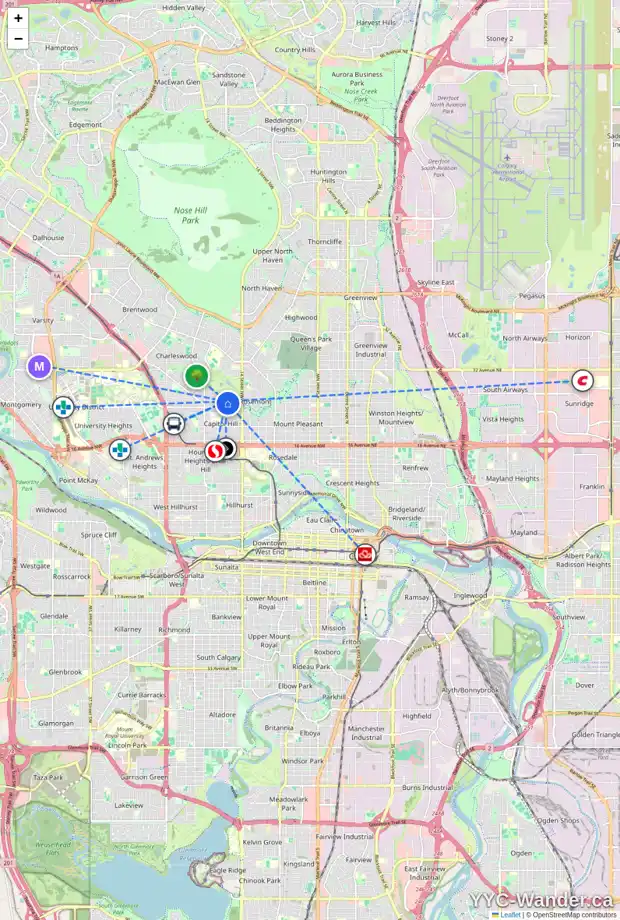 Daily accessibility map for 2529 16 ST NW, Calgary showing nearby schools, grocery stores, parks, LRT stations and nearby amenities