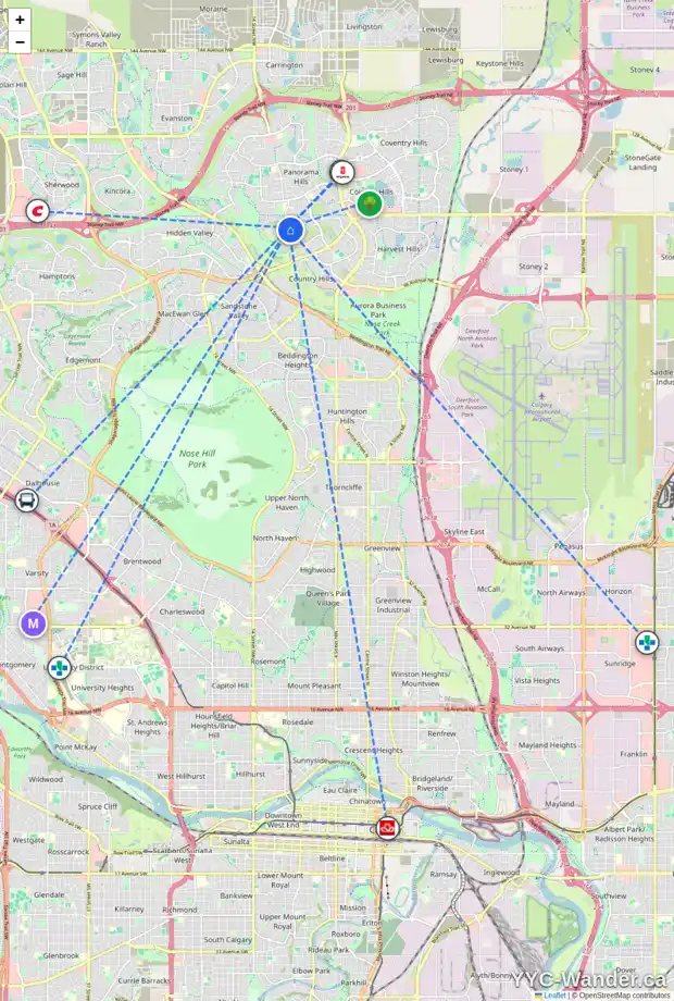 Daily accessibility map for 86 PANORAMA HILLS ME NW, Calgary showing nearby schools, grocery stores, parks, LRT stations and nearby amenities