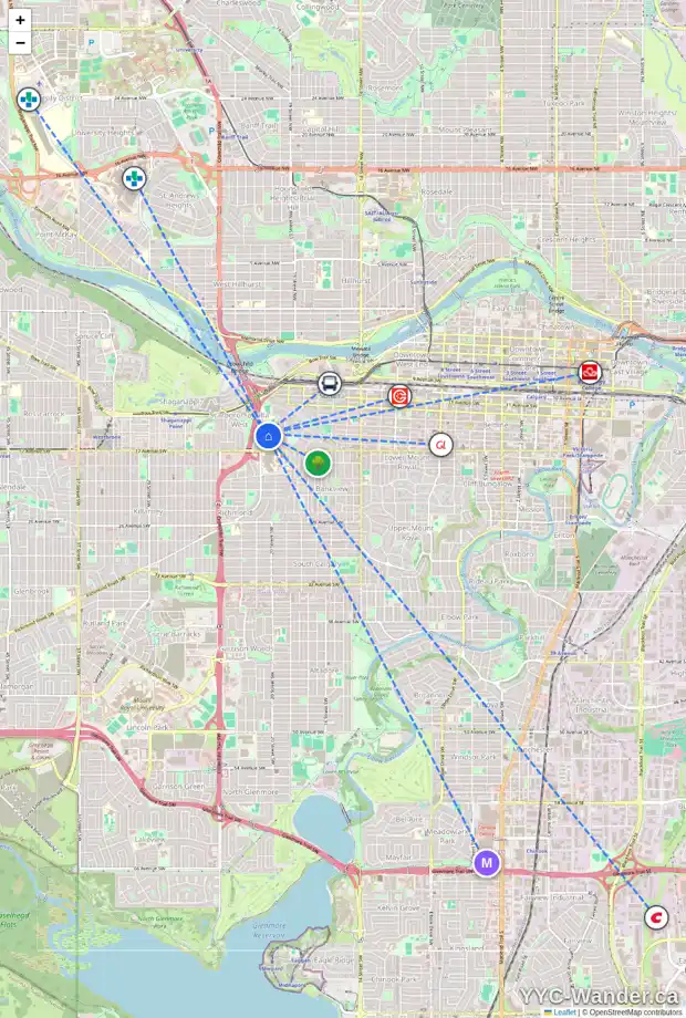 Daily accessibility map for 525 SUNDERLAND AV SW, Calgary showing nearby schools, grocery stores, parks, LRT stations and nearby amenities