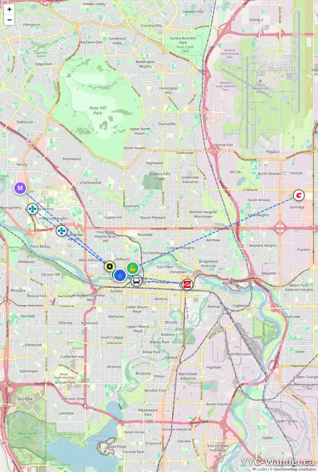 Daily accessibility map for 12 16 ST NW, Calgary showing nearby schools, grocery stores, parks, LRT stations and nearby amenities