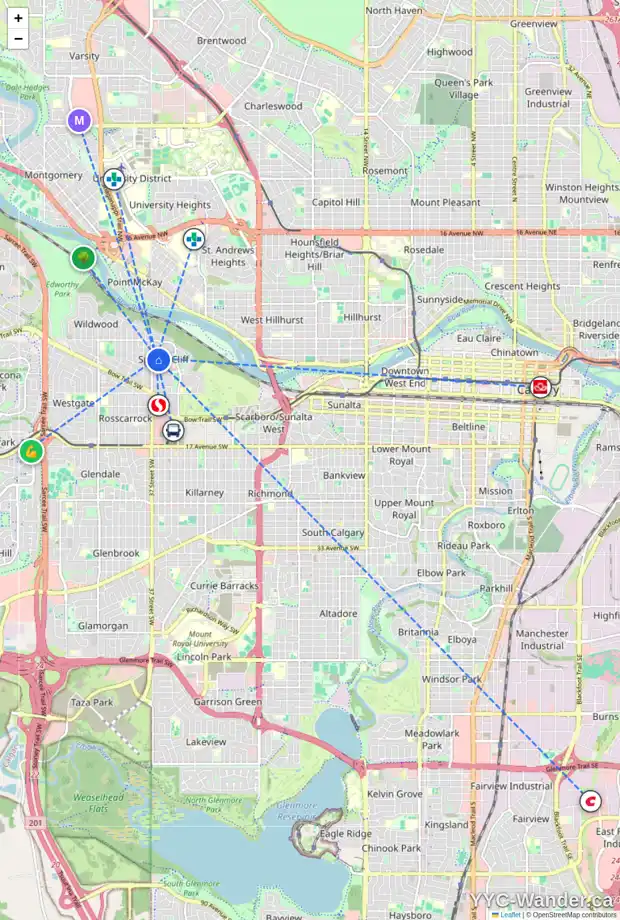 Daily accessibility map for 407 36 ST SW, Calgary showing nearby schools, grocery stores, parks, LRT stations and nearby amenities