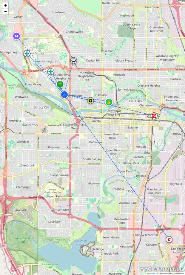 Daily accessibility map for 2637 4 AV NW, Calgary showing nearby schools, grocery stores, parks, LRT stations and nearby amenities