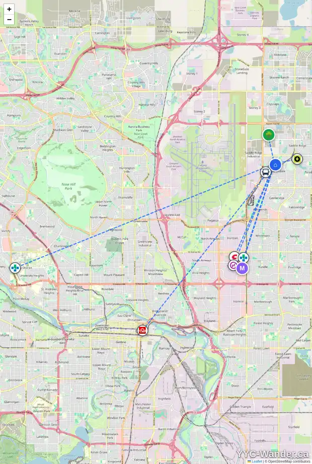 Daily accessibility map for 108 MARTHA'S CL NE, Calgary showing nearby schools, grocery stores, parks, LRT stations and nearby amenities