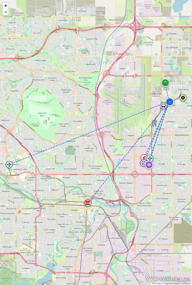 Daily accessibility map for 128 MARTHA'S CL NE, Calgary showing nearby schools, grocery stores, parks, LRT stations and nearby amenities
