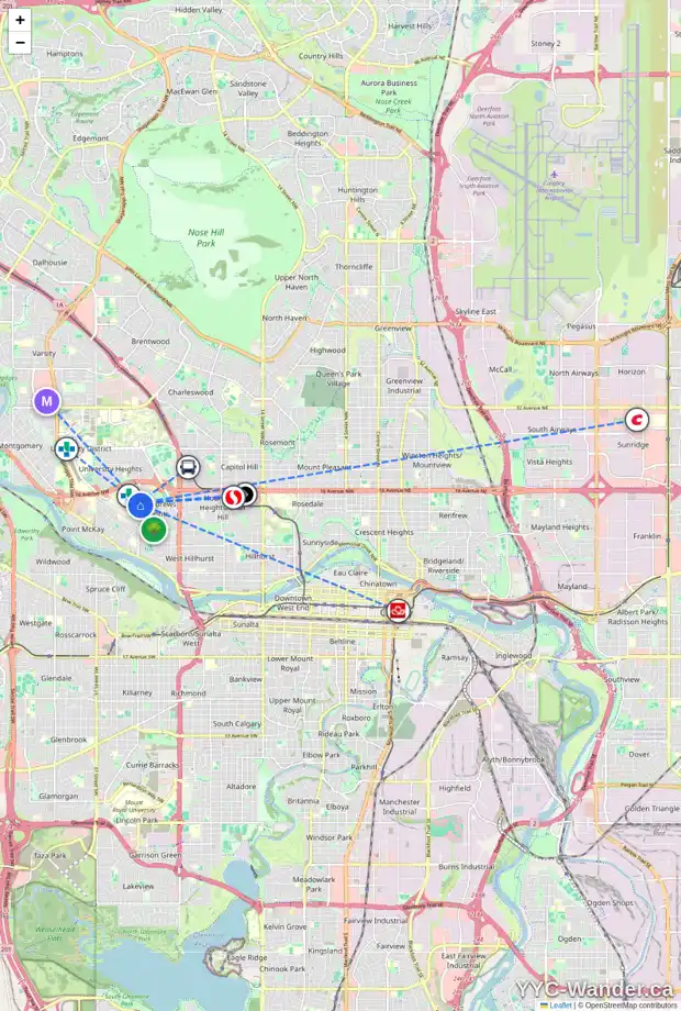 Daily accessibility map for 1407 ST ANDREWS PL NW, Calgary showing nearby schools, grocery stores, parks, LRT stations and nearby amenities