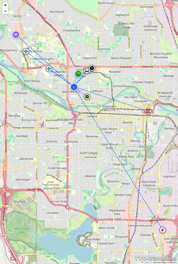 Daily accessibility map for 2308 5 AV NW, Calgary showing nearby schools, grocery stores, parks, LRT stations and nearby amenities