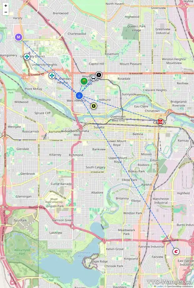 Daily accessibility map for 2310 5 AV NW, Calgary showing nearby schools, grocery stores, parks, LRT stations and nearby amenities