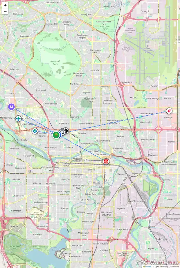 Daily accessibility map for 1315 20 ST NW, Calgary showing nearby schools, grocery stores, parks, LRT stations and nearby amenities