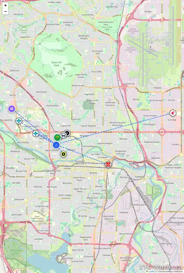 Daily accessibility map for 2217 7 AV NW, Calgary showing nearby schools, grocery stores, parks, LRT stations and nearby amenities