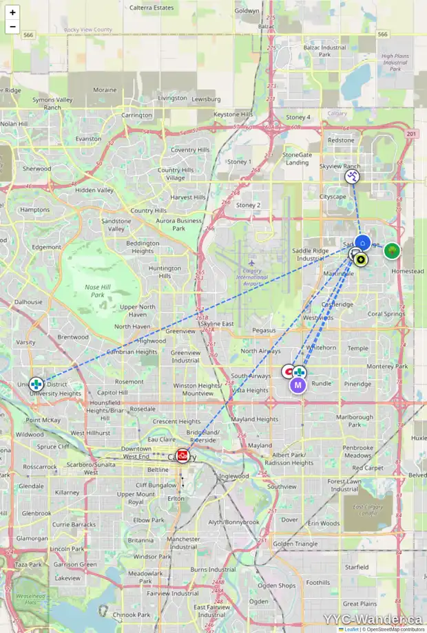 Daily accessibility map for 46 SADDLEMEAD CL NE, Calgary showing nearby schools, grocery stores, parks, LRT stations and nearby amenities