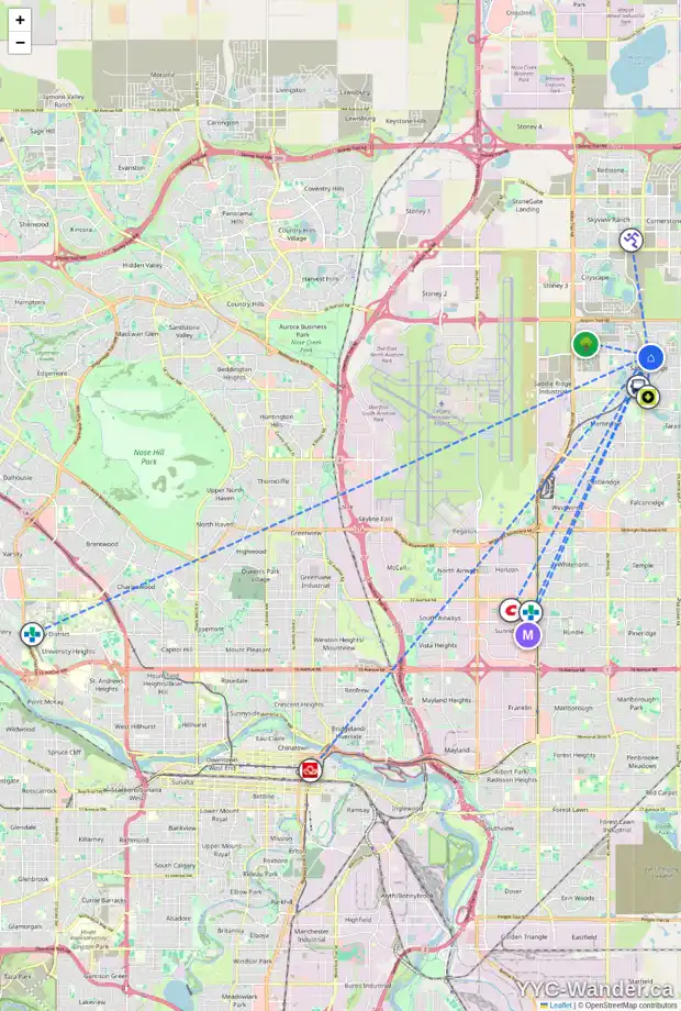 Daily accessibility map for 114 SADDLEMEAD CL NE, Calgary showing nearby schools, grocery stores, parks, LRT stations and nearby amenities