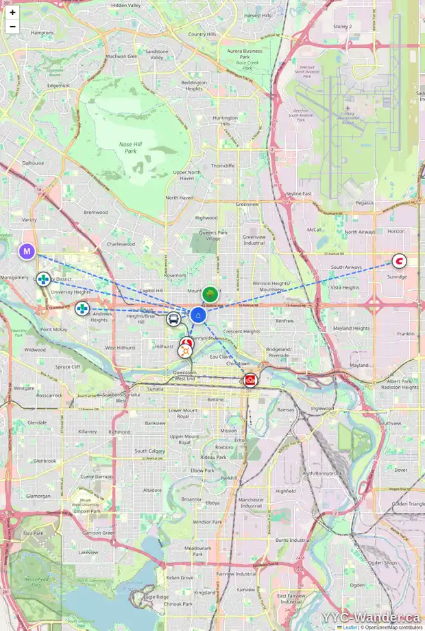 Daily accessibility map for 1418 8 ST NW, Calgary showing nearby schools, grocery stores, parks, LRT stations and nearby amenities