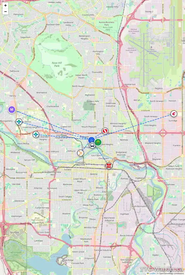 Daily accessibility map for 620 CRESCENT RD NW, Calgary showing nearby schools, grocery stores, parks, LRT stations and nearby amenities