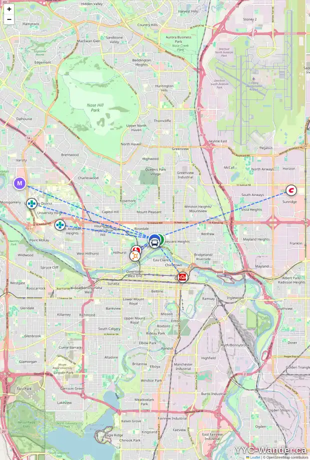 Daily accessibility map for 937 5 ST NW, Calgary showing nearby schools, grocery stores, parks, LRT stations and nearby amenities