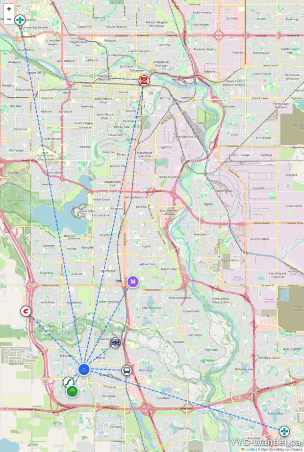 Daily accessibility map for 23 EVERSTONE PL SW, Calgary showing nearby schools, grocery stores, parks, LRT stations and nearby amenities