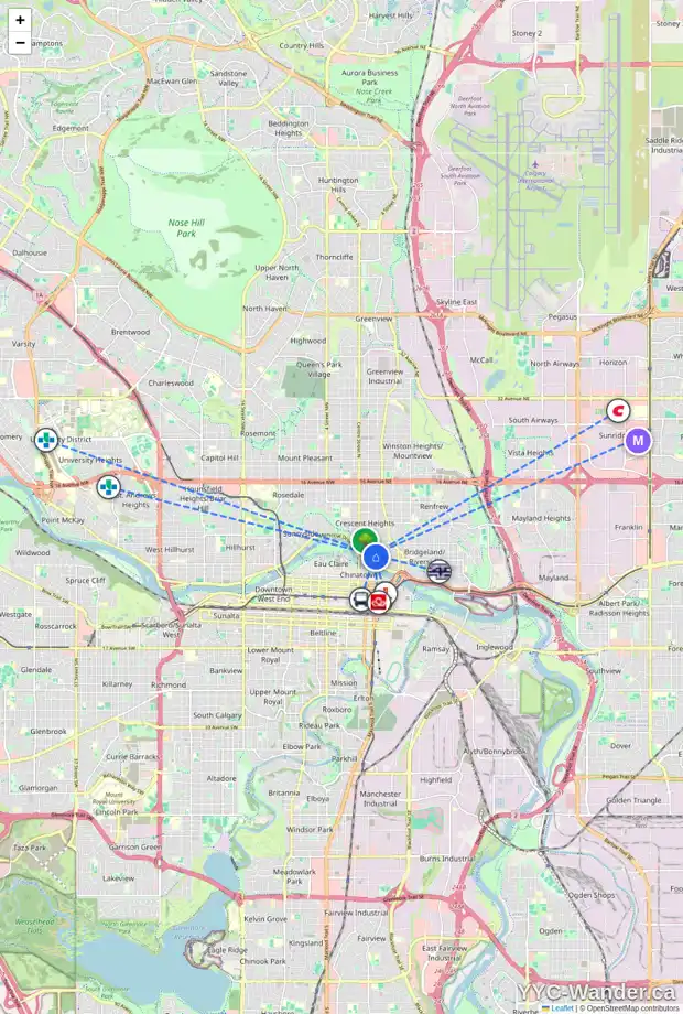 Daily accessibility map for 227 2 AV NE, Calgary showing nearby schools, grocery stores, parks, LRT stations and nearby amenities