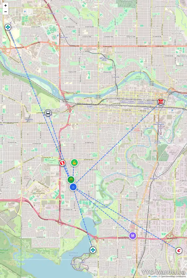 Daily accessibility map for 4636 QUENTIN ST SW, Calgary showing nearby schools, grocery stores, parks, LRT stations and nearby amenities