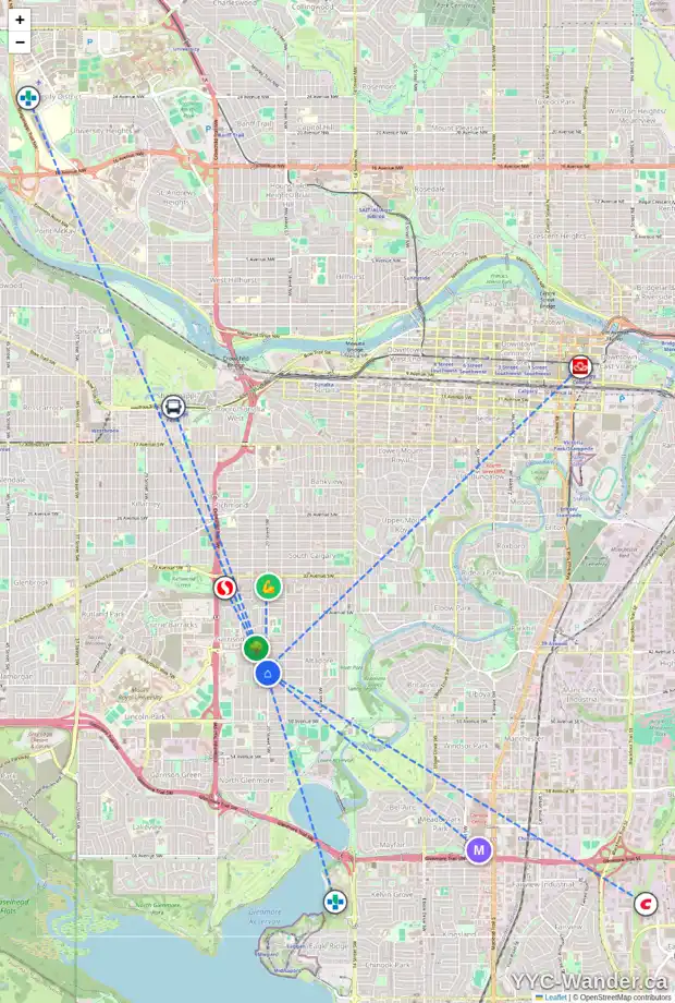 Daily accessibility map for 4633 20 ST SW, Calgary showing nearby schools, grocery stores, parks, LRT stations and nearby amenities