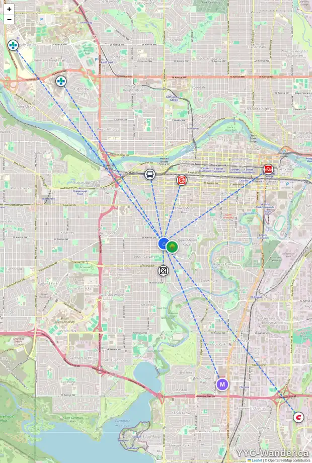 Daily accessibility map for 105 1505 27 AV SW, Calgary showing nearby schools, grocery stores, parks, LRT stations and nearby amenities