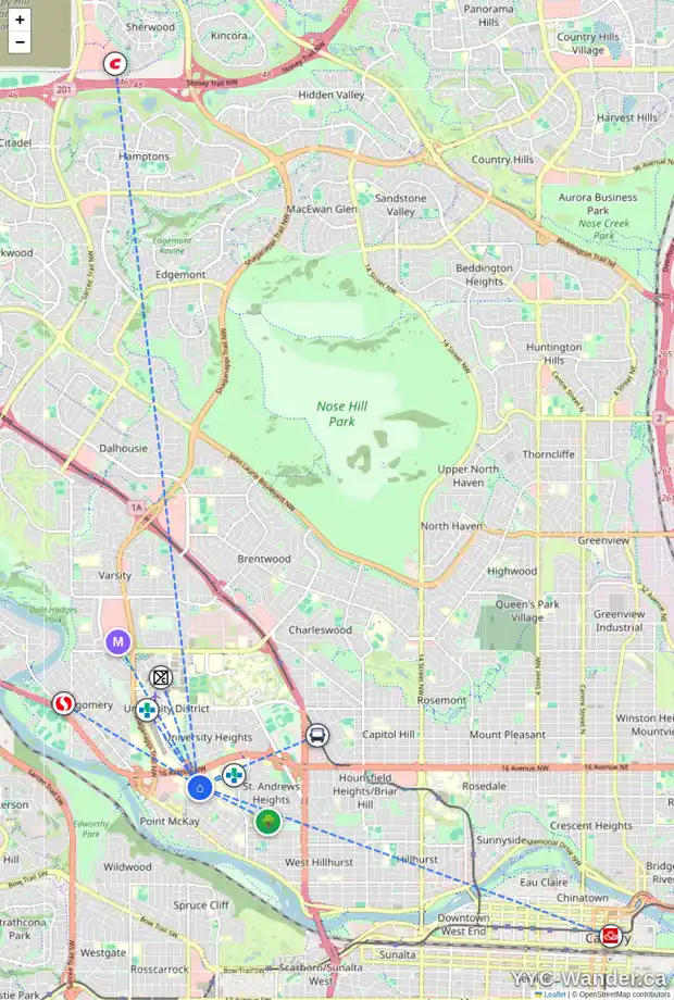 Daily accessibility map for 3642 8 AV NW, Calgary showing nearby schools, grocery stores, parks, LRT stations and nearby amenities